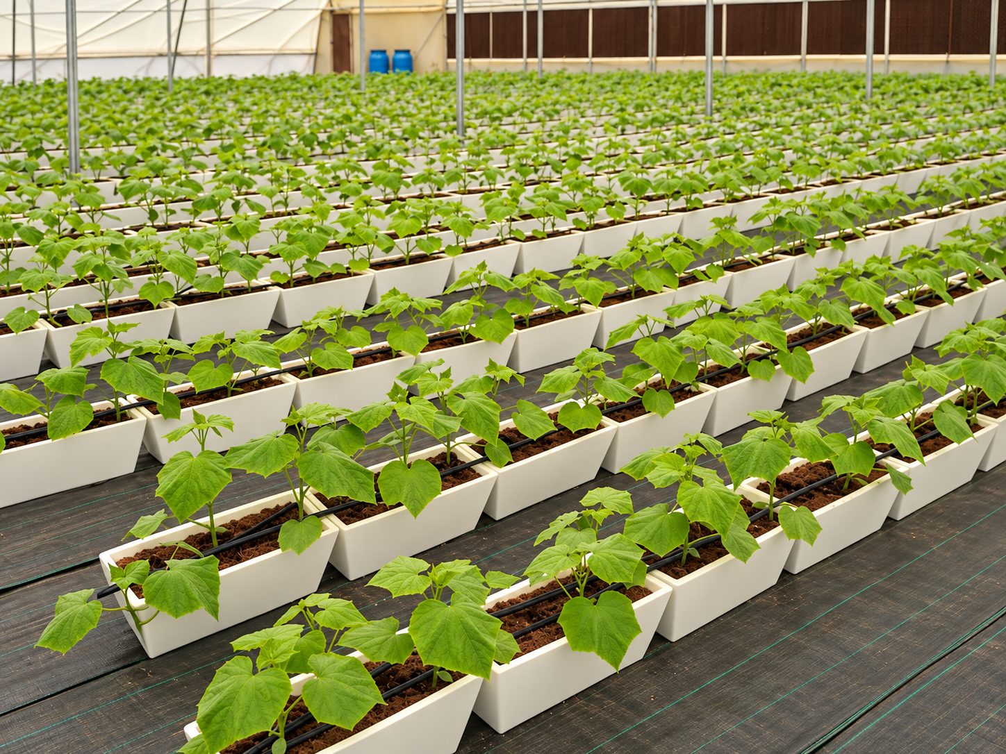 Cucumber seedlings in cocopeat grow-bags on drip irrigation, with evaporative cooling pads behind, at a Triton Foodworks farm
