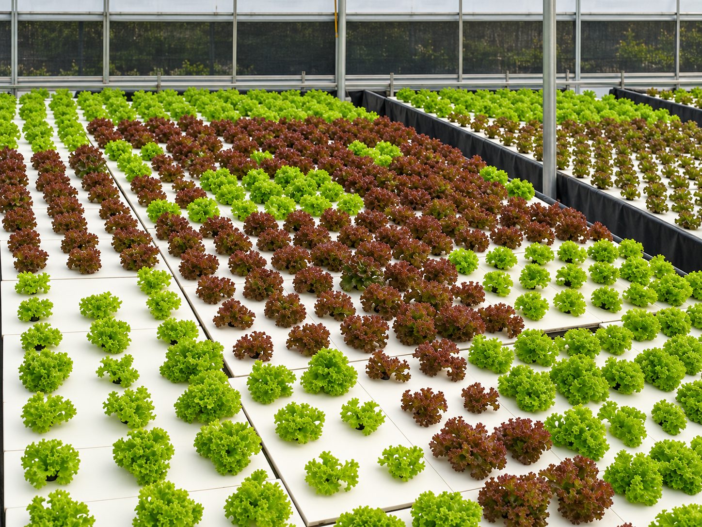 Green and red lettuce growing on floating rafts at a Triton Foodworks farm