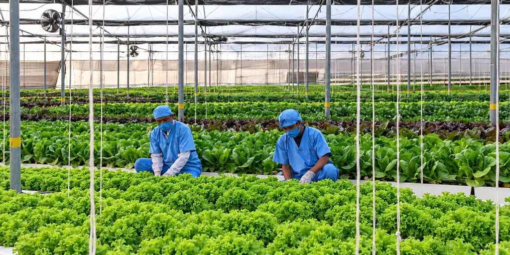 Triton Foodworks team members tending lettuce in a greenhouse