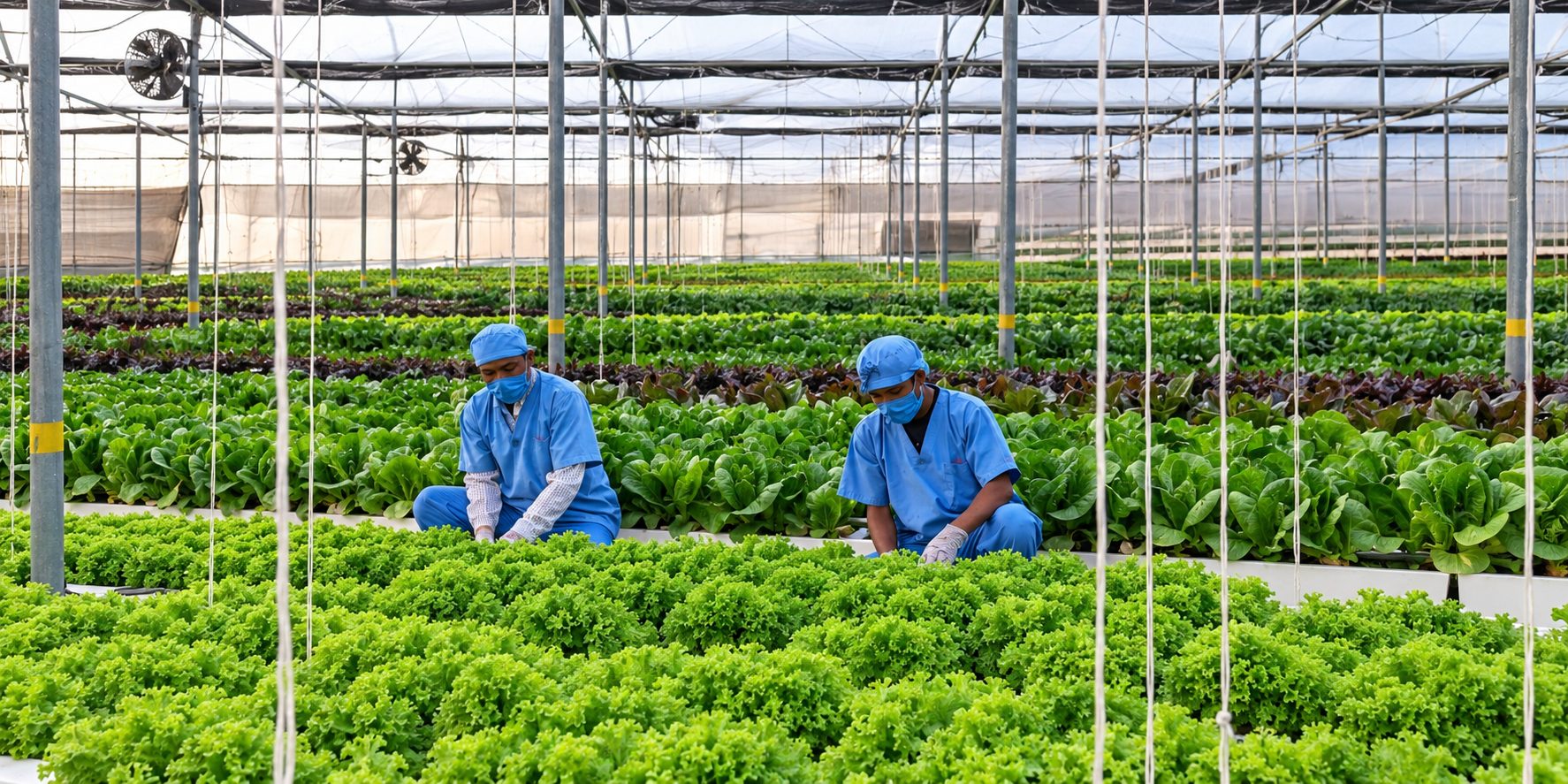 Triton Foodworks team members tending lettuce in a greenhouse