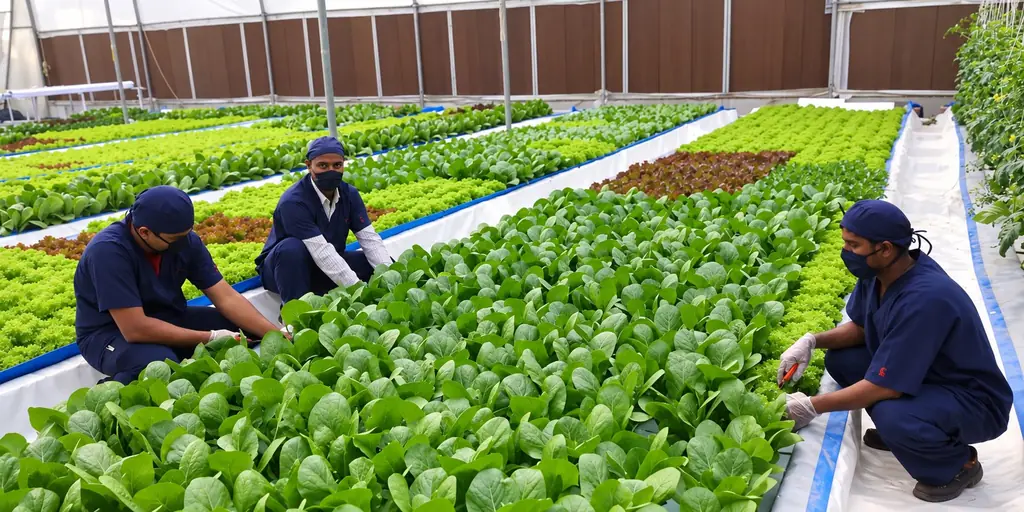 Triton Foodworks team members harvesting spinach and lettuce